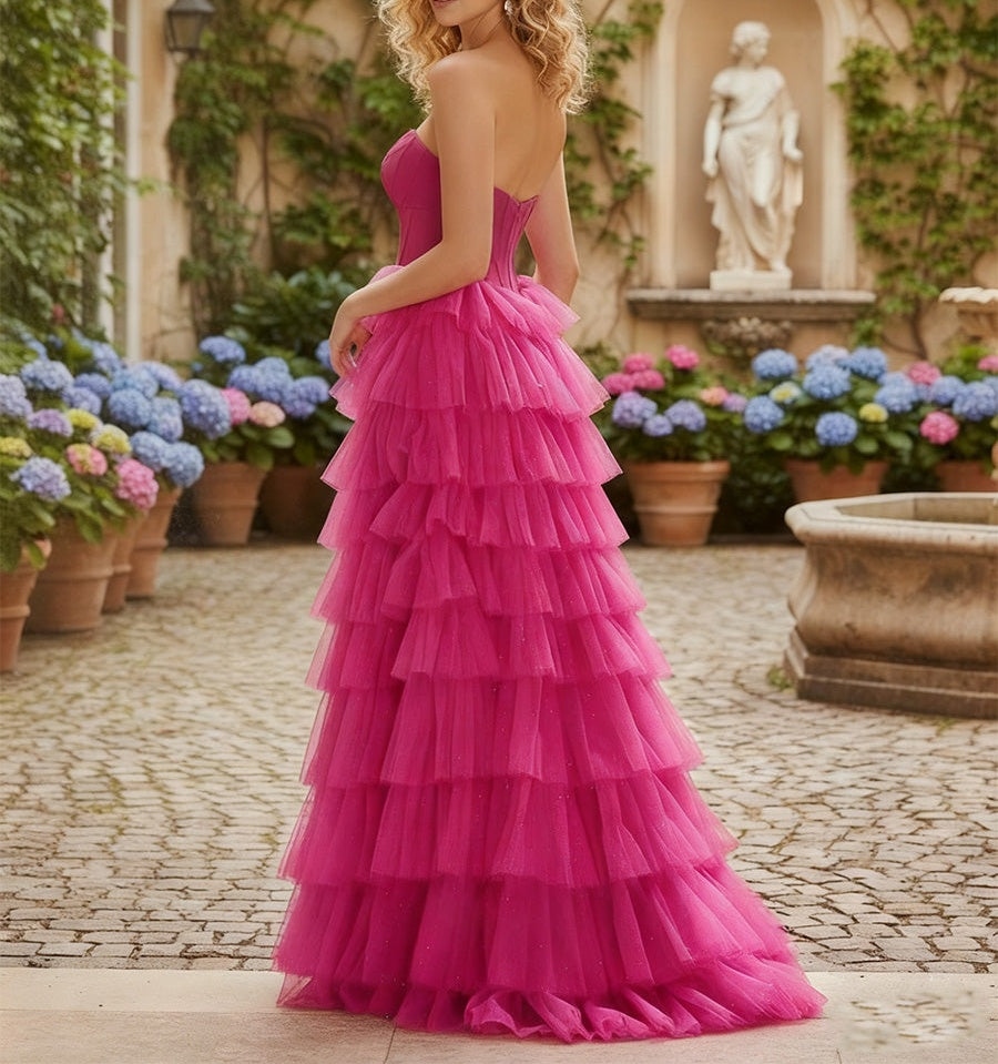 Strapless Keyhole Tiered Corset Glitter Prom Dress with Slit