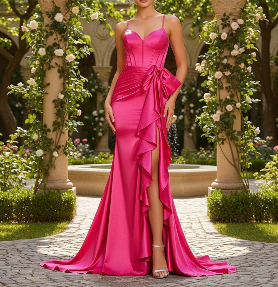 Mermaid Spaghetti Straps Satin Prom Dress with Bow