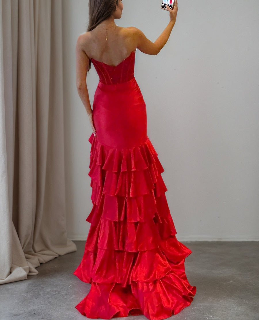 Strapless Crystal Ruffle Mermaid Long Prom Dress