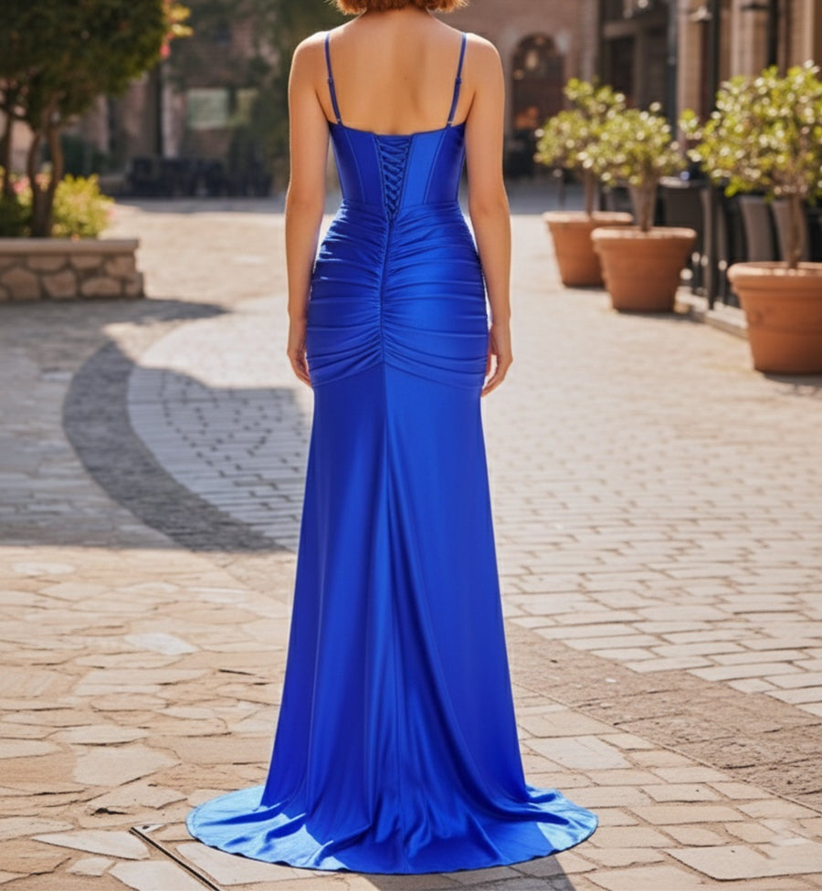Elegant Ruched Bodice Satin Corset Prom Dress with Slit