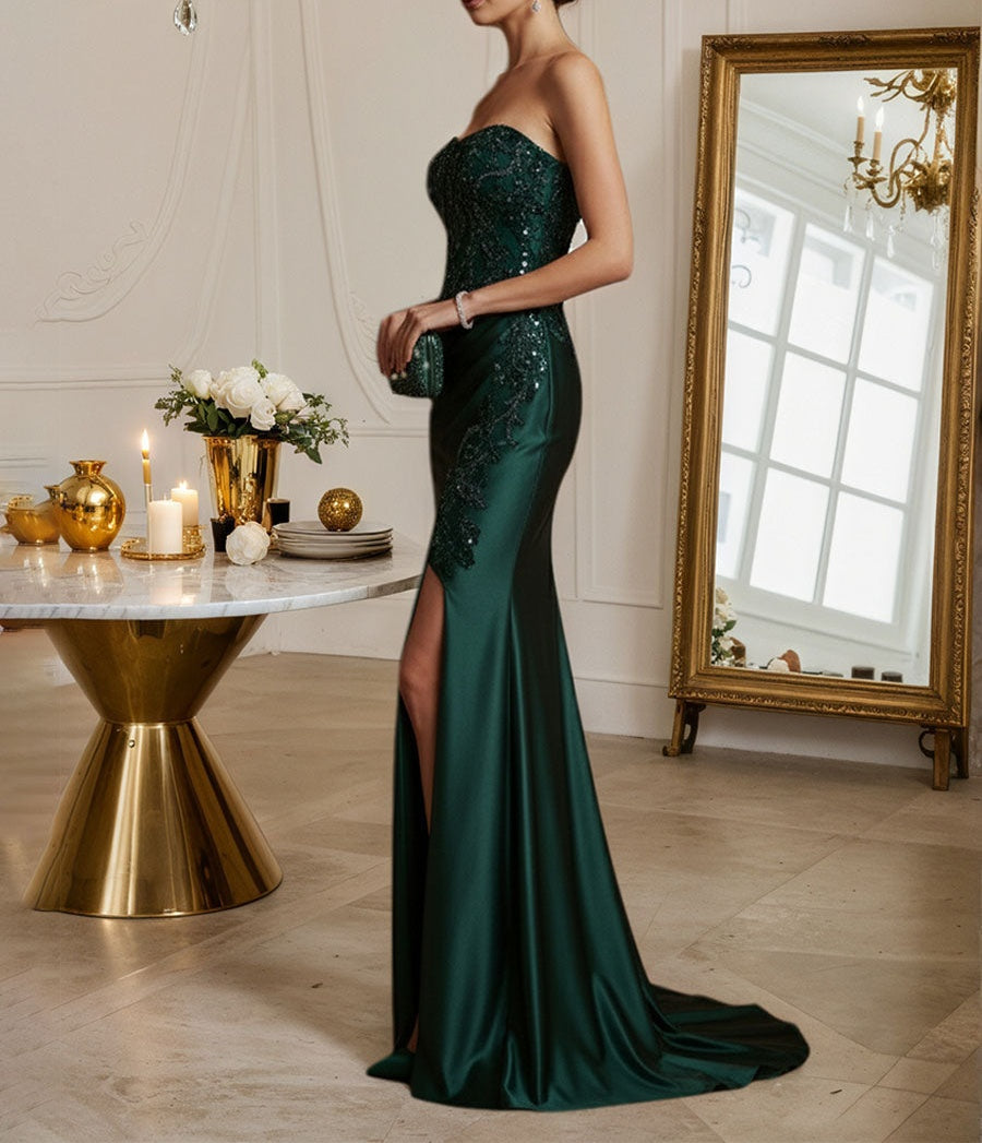 Strapless Mermaid Sequin Long Prom Dress with Slit