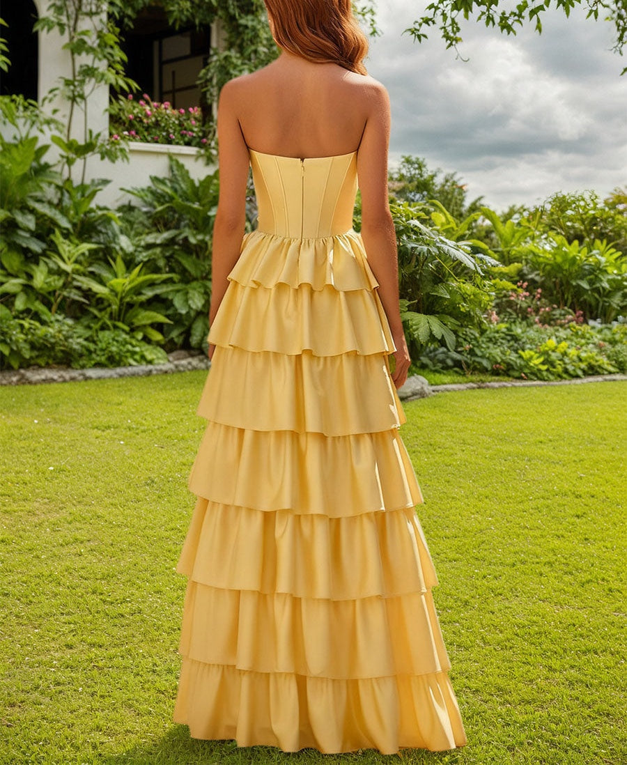 Strapless Satin Ruffle Tiered Beaded A Line Prom Dress with Slit