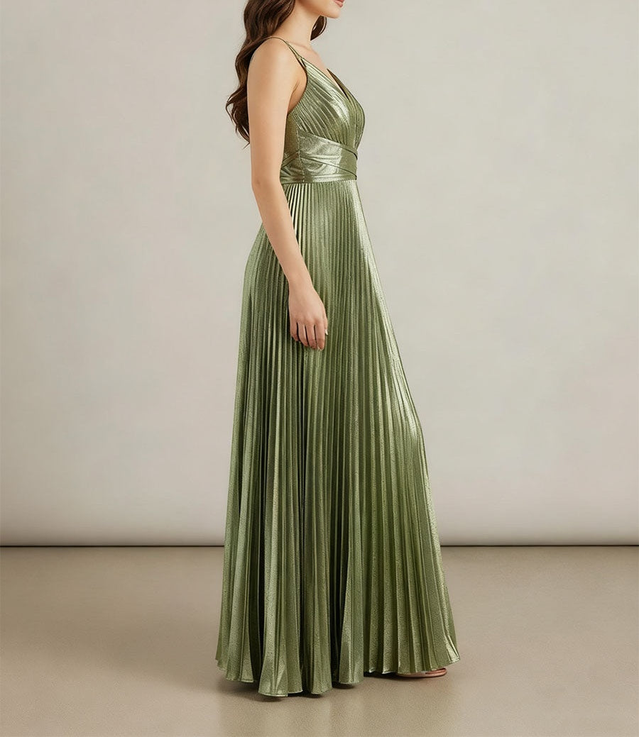 A Line V-Neck Long Prom Dresses with Pleated