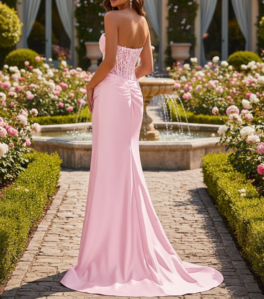 Strapless Bodycon Scoop Neck Satin Long Prom Dress with Slit
