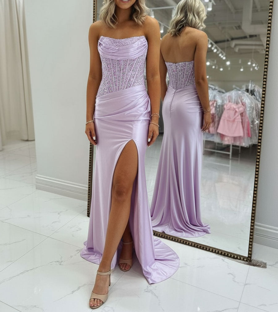 Bodycon Scoop Neck Satin Long Prom Dress with Slit