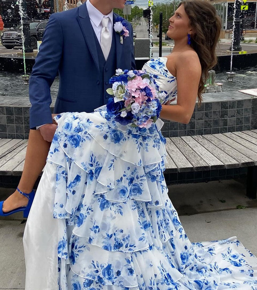 A-Line Strapless V-Neck Tiered Printing Long Prom Dress