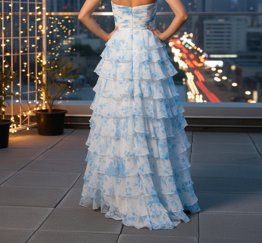 Strapless Sweetheart Ruffle Printing Chiffon Tiered Long Prom Dress