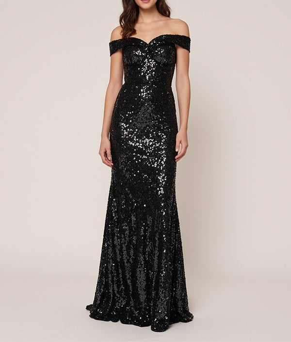 Black A Line Off-the-Shoulder Sequins Long Formal Dresses