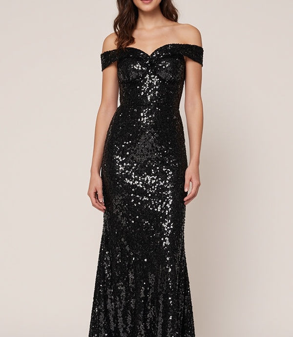 Black A Line Off-the-Shoulder Sequins Long Formal Dresses