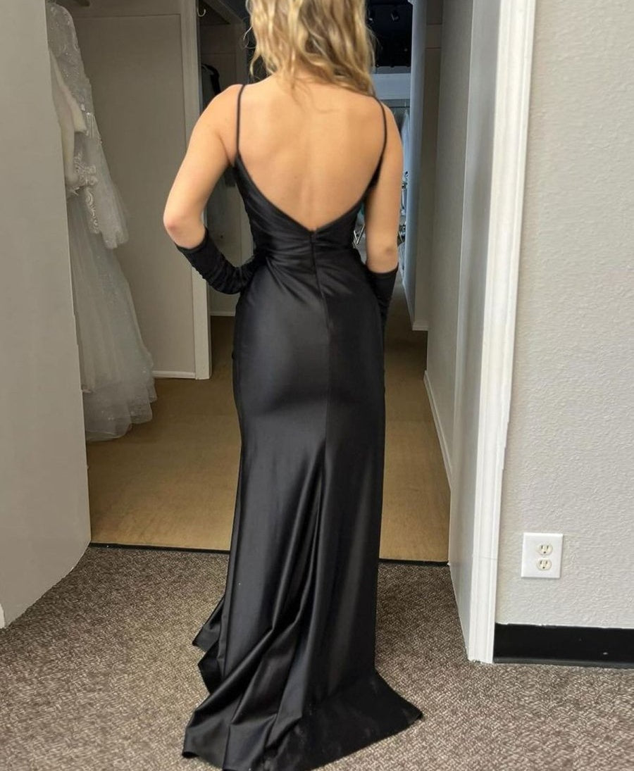 Black Mermaid Spaghetti Straps Satin Pleated Long Prom Dress with Slit