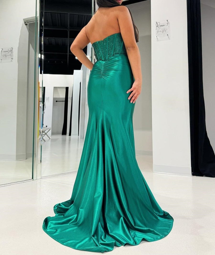 Blue Mermaid Spaghetti Straps Beaded Sweetheart Long Prom Dress with Slit