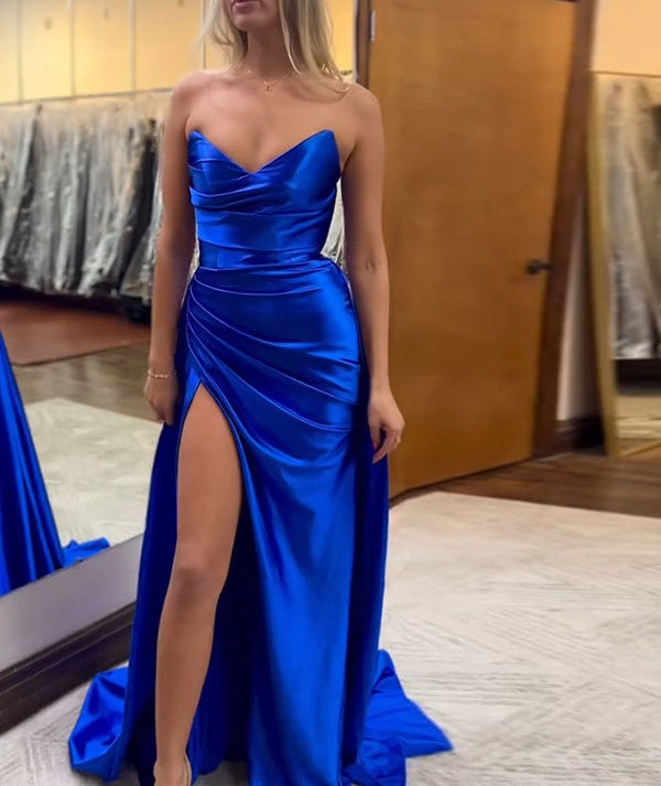 Black Mermaid Strapless V-neck Satin Ruched Sheath Long Prom Dress with Slit