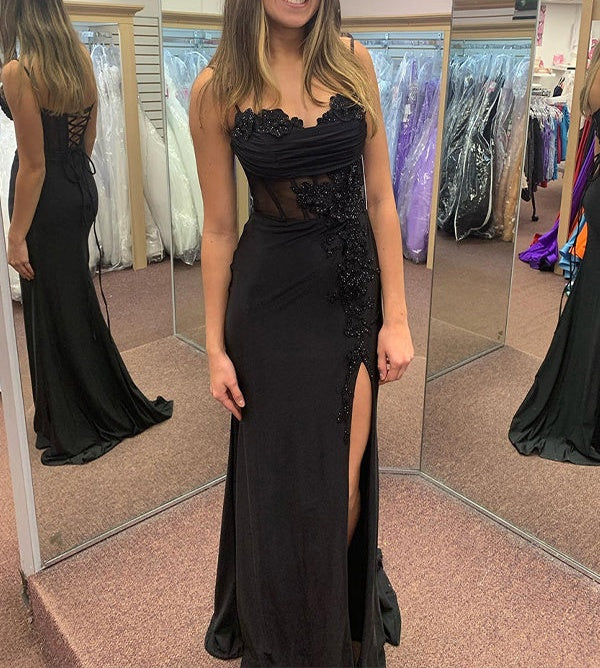 Black Mermaid Spaghetti Straps Applique Long Prom Dress with Slit