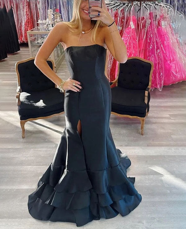 Black Mermaid Strapless Satin Tiered Prom Dress with Slit