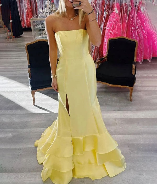 Black Mermaid Strapless Satin Tiered Prom Dress with Slit