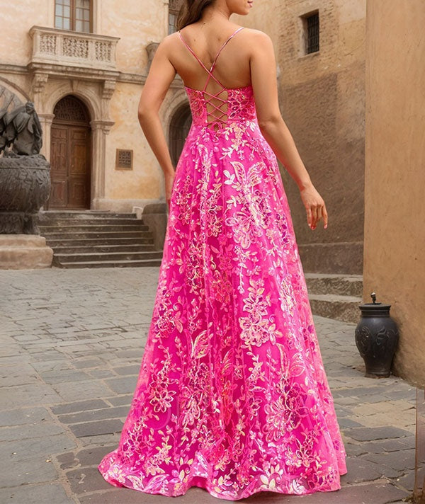 Sparkly Fuchsia A Line Floral Corset V-Neck Sequin Prom Dress