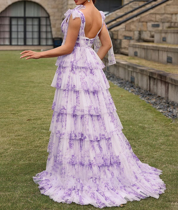 Purple Floral A Line V Neck Long Pleated Prom Dress With Slit