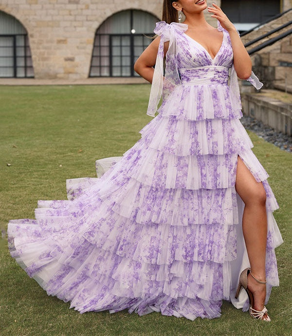 Purple Floral A Line V Neck Long Pleated Prom Dress With Slit