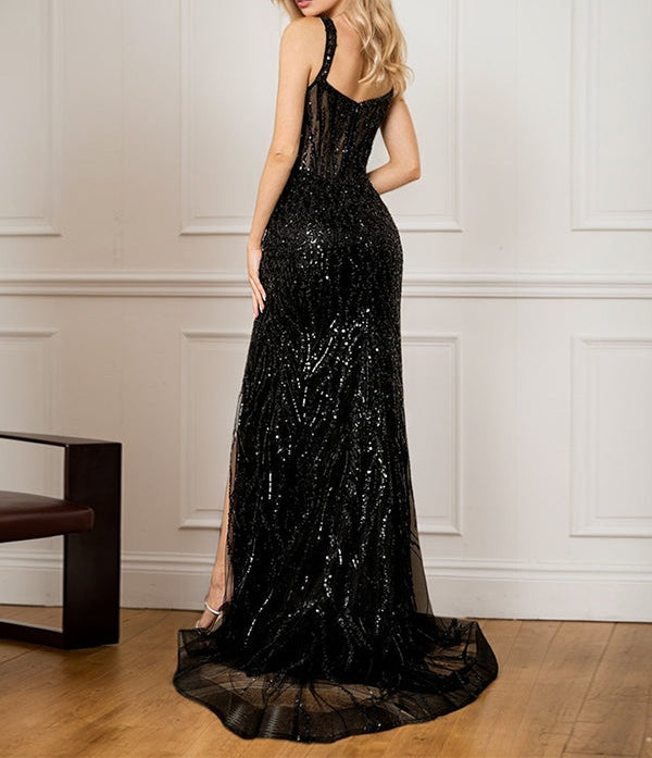Black Sheath Spaghetti Straps Long Corset Prom Dress With Slit