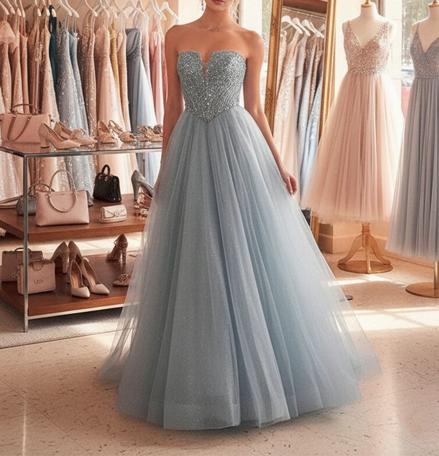 Blue A Line Sweetheart Long Prom Dress With Sequins