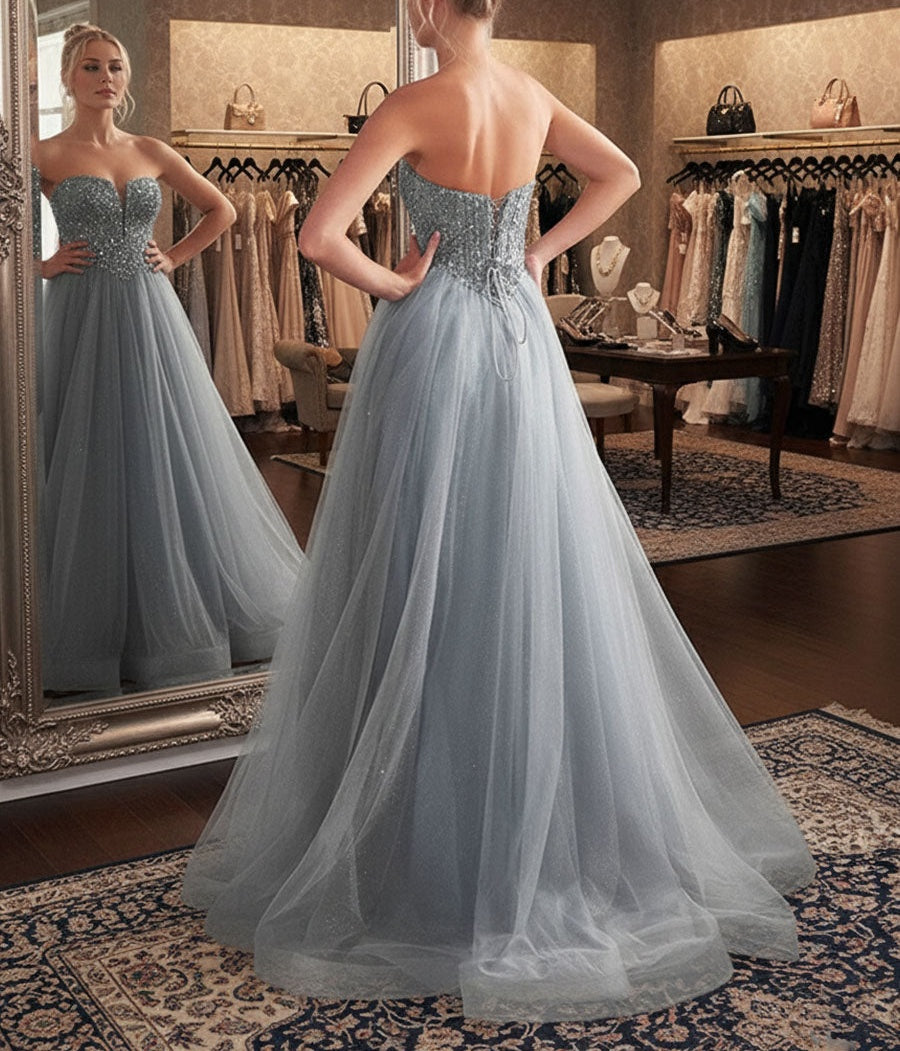 Blue A Line Sweetheart Long Prom Dress With Sequins