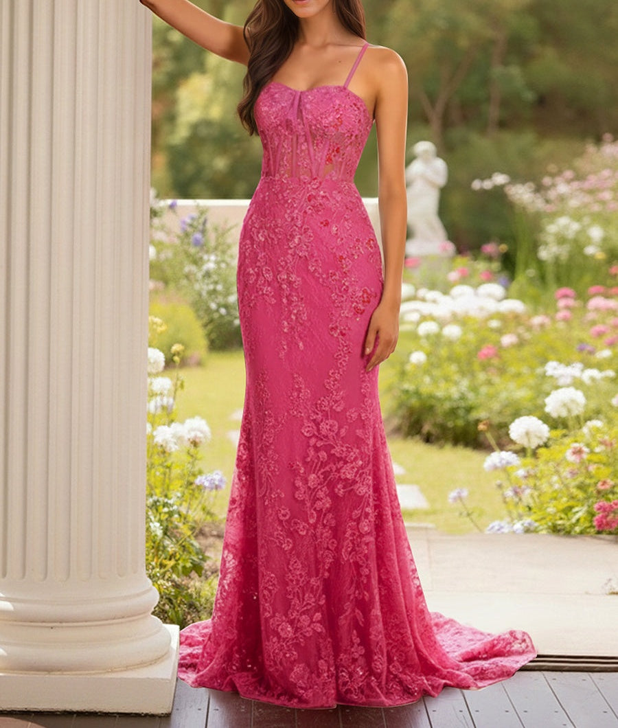 Blue Floral Corset Bodice Spaghetti Straps Lace Applique Prom Dress