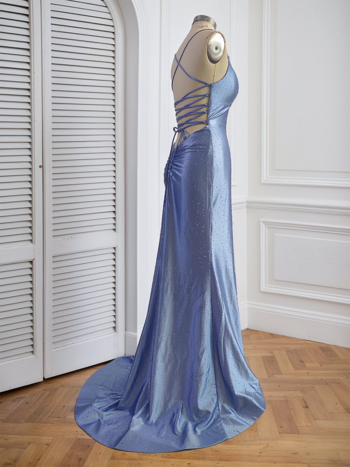 Blue Mermaid Spaghetti Straps V-Neck Rhinestone Prom Dress