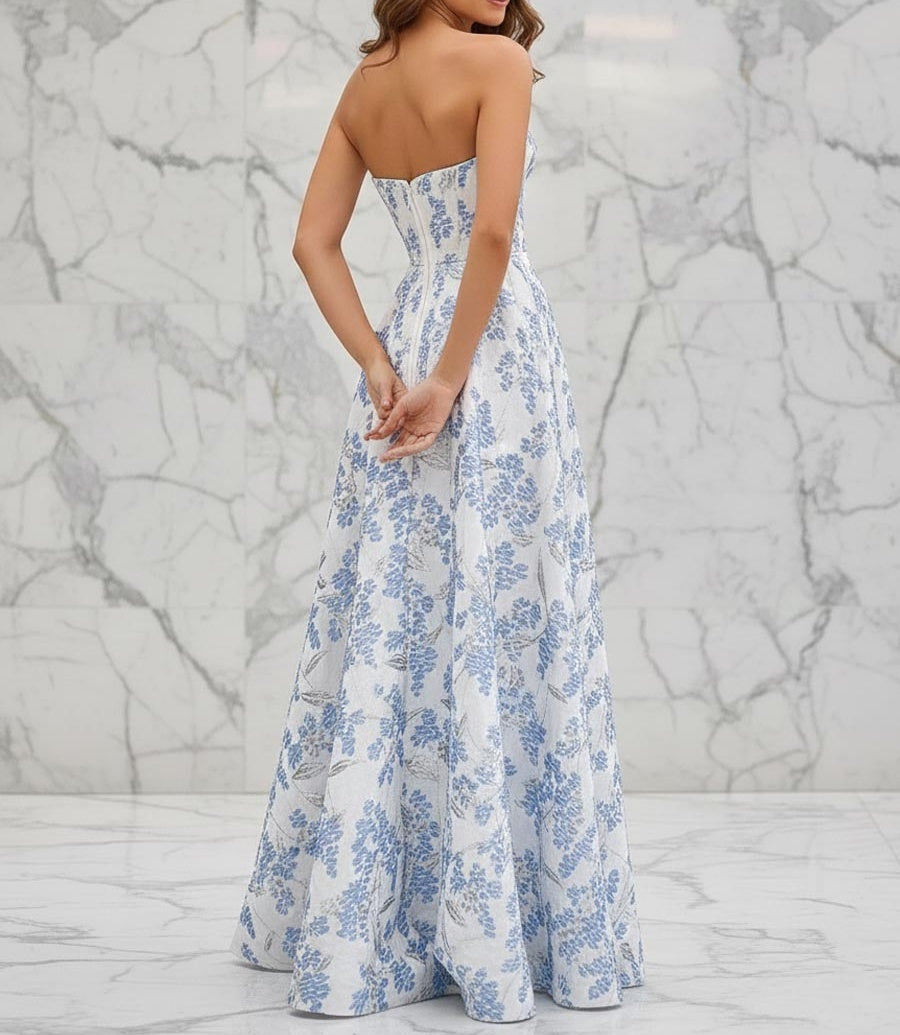 Blue Floral Strapless Corset Prom Dress with Slit
