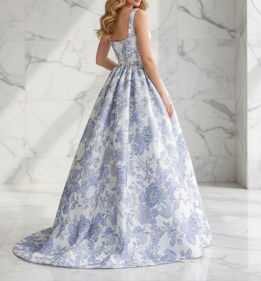 Blue Floral A Line Square Neck Brocade Corset Long Prom Dress