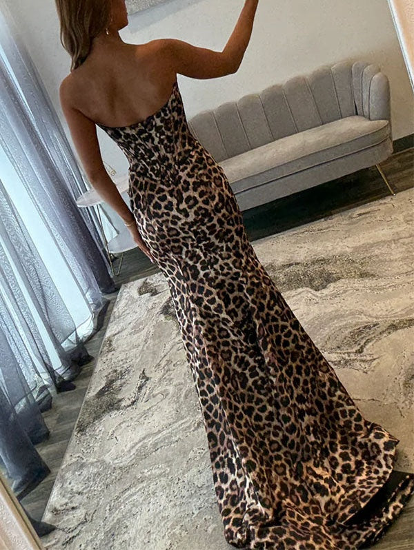 Leopard Print Beaded Sweetheart Mermaid Prom Dress with Corset Bodice