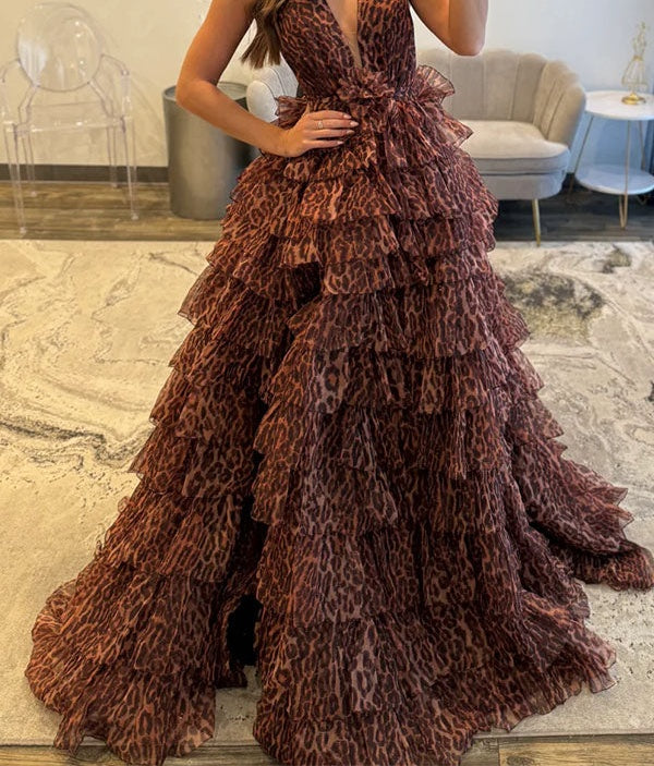 Leopard Print Tiered Ruffle Halter Long Prom Dress