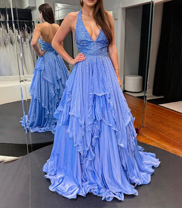 Periwinkle Sparkle Ruffled Halter Long Prom Dress