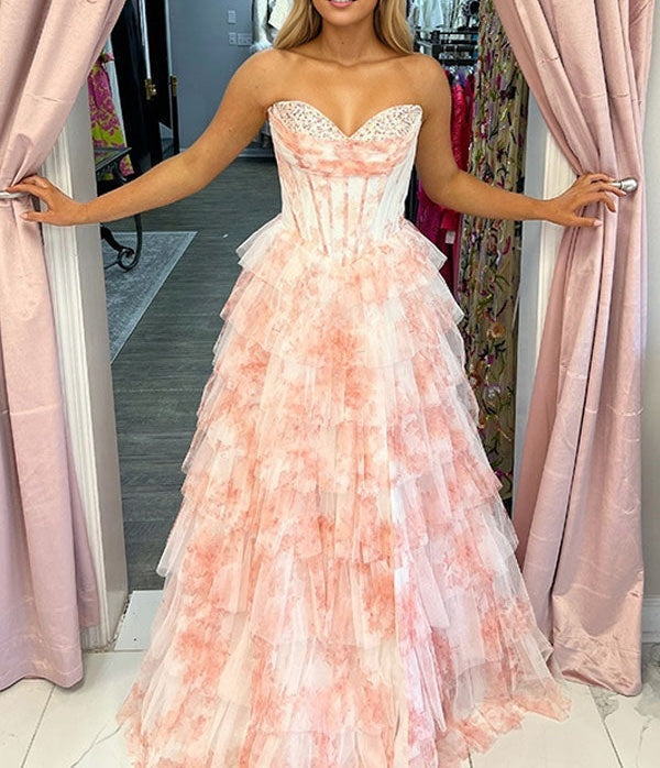 Lavender Floral Strapless Ruffled Tiered Corset Long Prom Dress