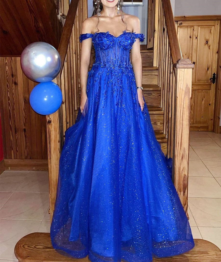 Royal Blue Glitter Off The Shoulder Corset Prom Dress