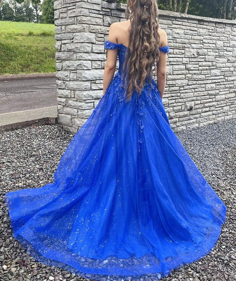 Royal Blue Glitter Off The Shoulder Corset Prom Dress