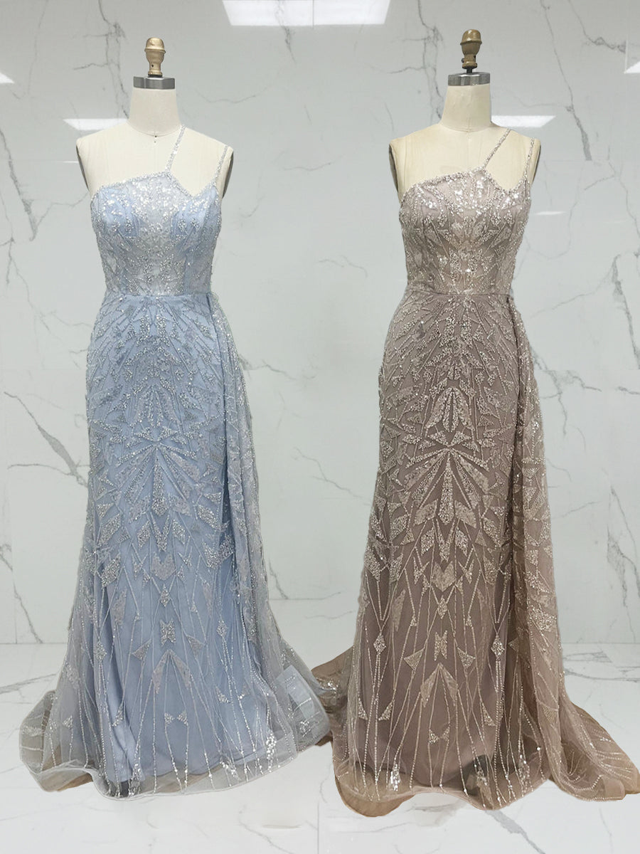 Ice Blue Geometric Beaded Prom Dress with Tulle Overskirt