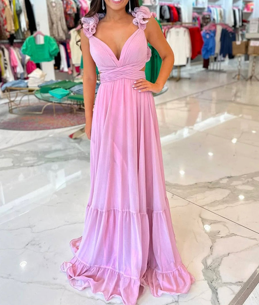Romantic Pink Chiffon Tiered A-Line Prom Dress with Ruffle