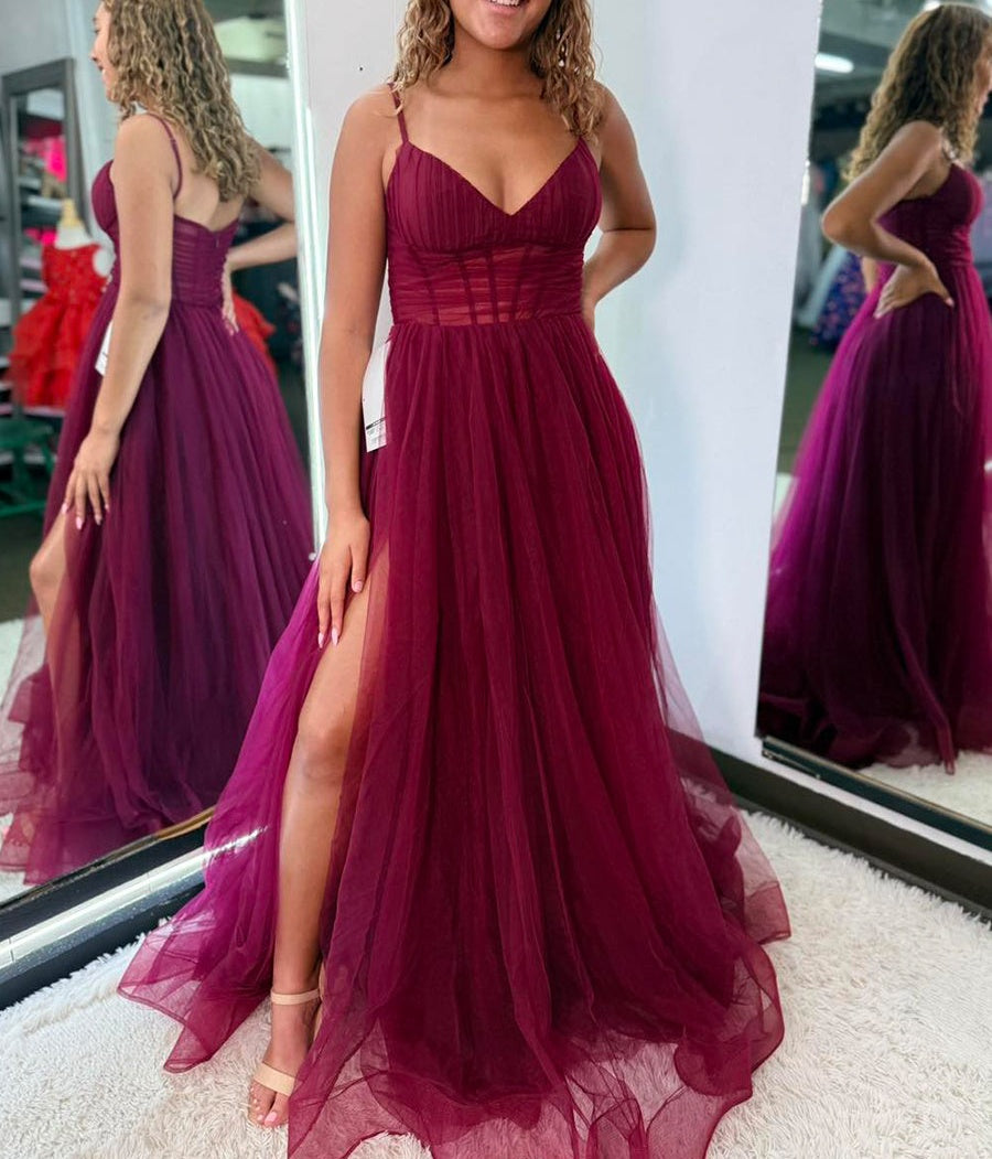 Burgundy Tulle Corset A-Line Long Prom Dress with High Slit