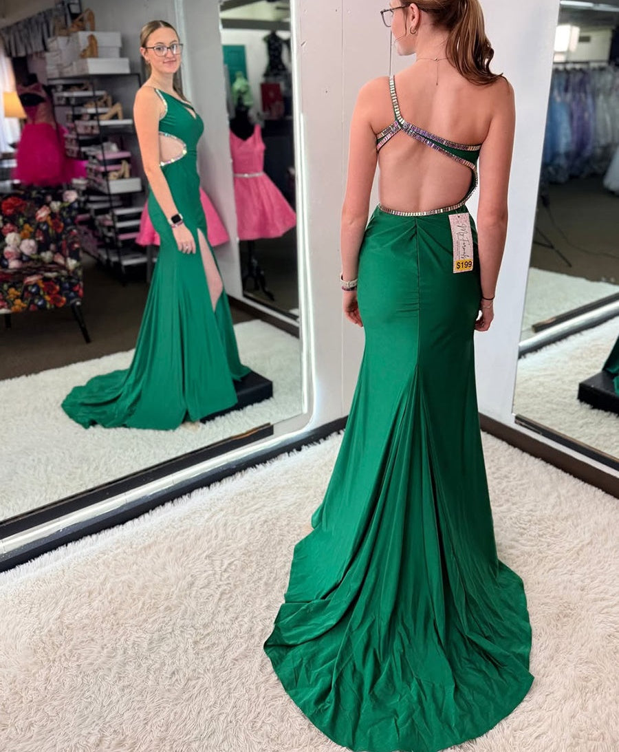 Emerald Green One-Shoulder Cutout Prom Dress with Rhinestone Trim