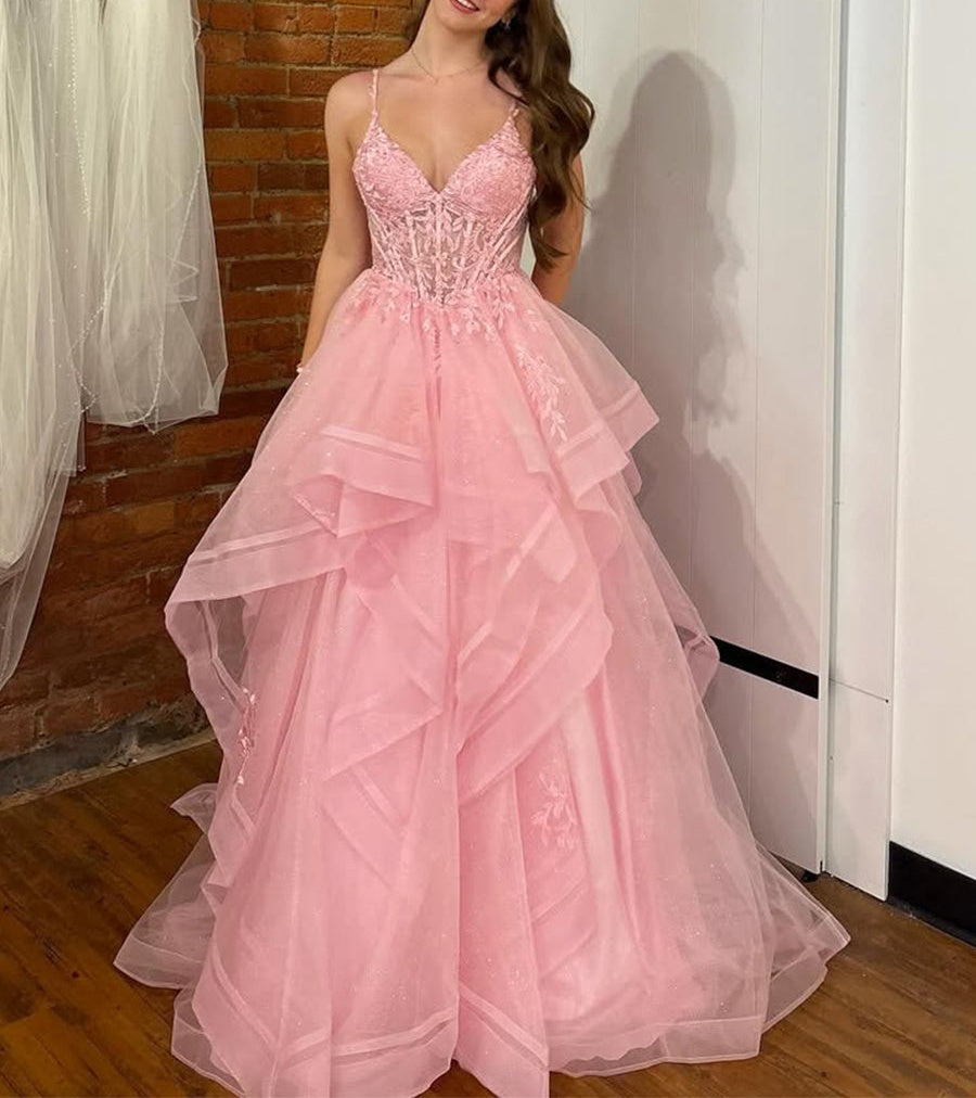 Pink A Line Tiered Tulle Long Prom Dress with Lace Appliqué