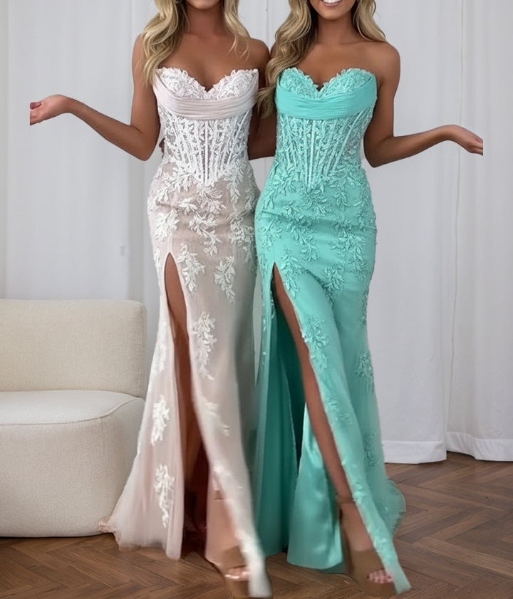 Strapless Corset Lace Prom Dress with Thigh-High Slit
