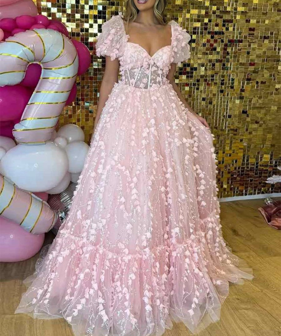 Pink 3D Floral Corset Prom Dress with Puffy Sleeves