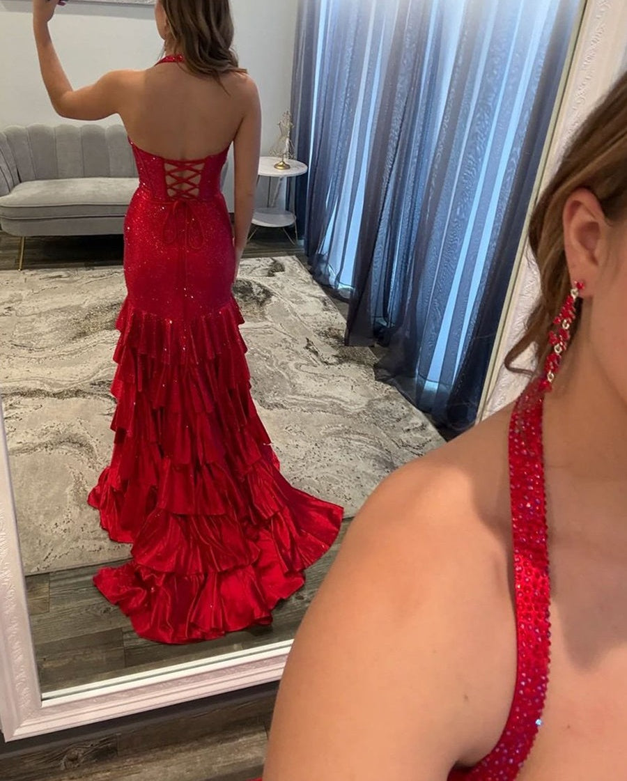 Red Shimmer Halter Tiered Ruffle Long Prom Dress with Slit
