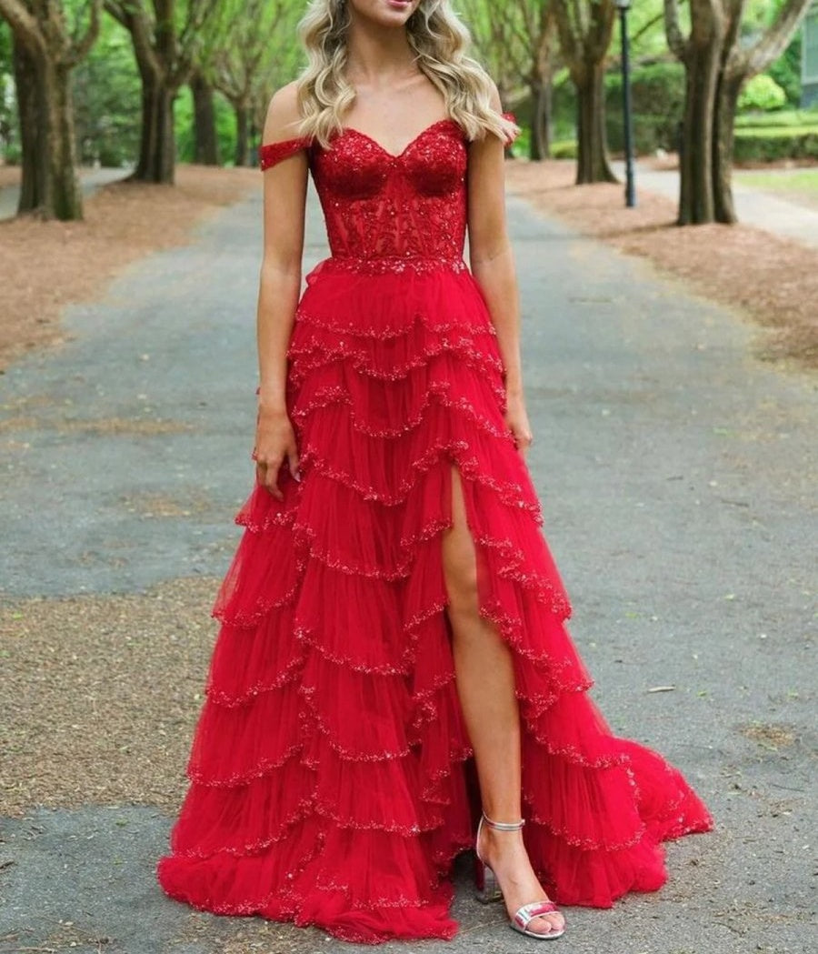 Glamorous Champagne Beaded Tiered Ruffle Corset Prom Dress with Slit
