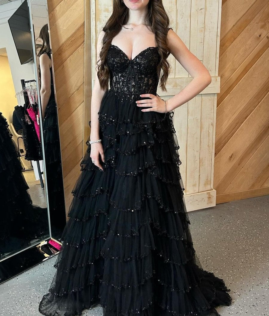 Glamorous Champagne Beaded Tiered Ruffle Corset Prom Dress with Slit