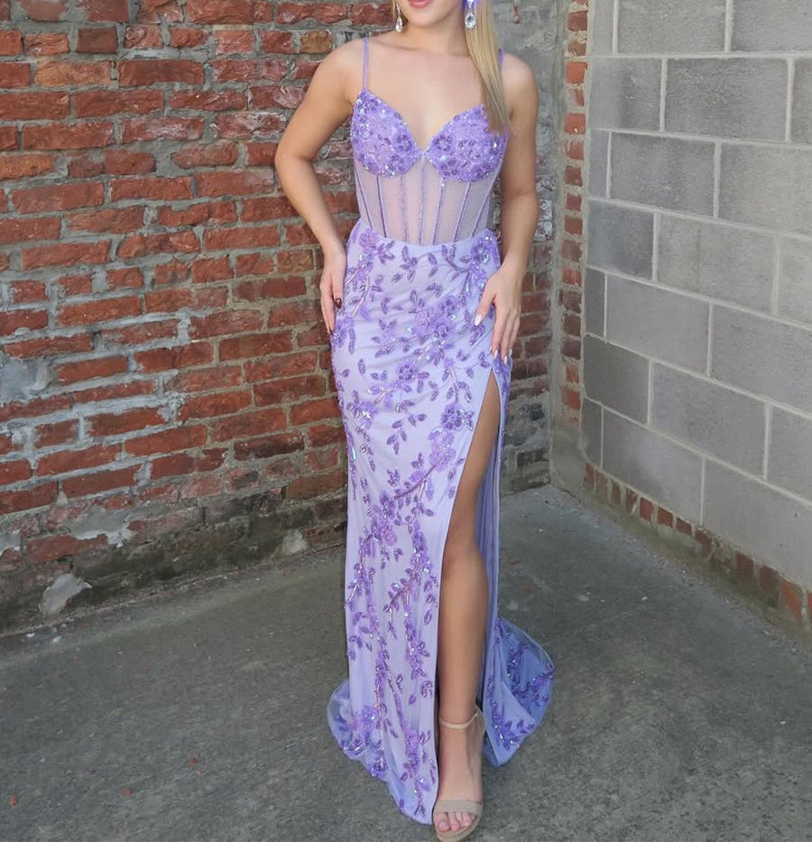 Lilac Spaghetti Straps Corset Embellished Prom Dress with Slit