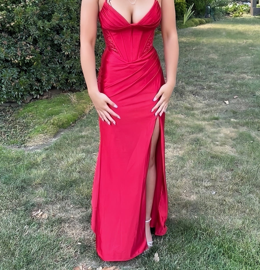 Red Spaghetti Straps Satin Long Corset Prom Dress with Slit