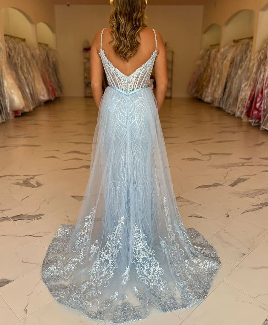 Light Blue Beaded Long Corset Prom Dress with Tulle Train