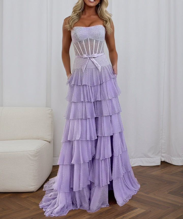 Sparkly Lilac Strapless Tiered Ruffle Corset Prom Dress with Slit