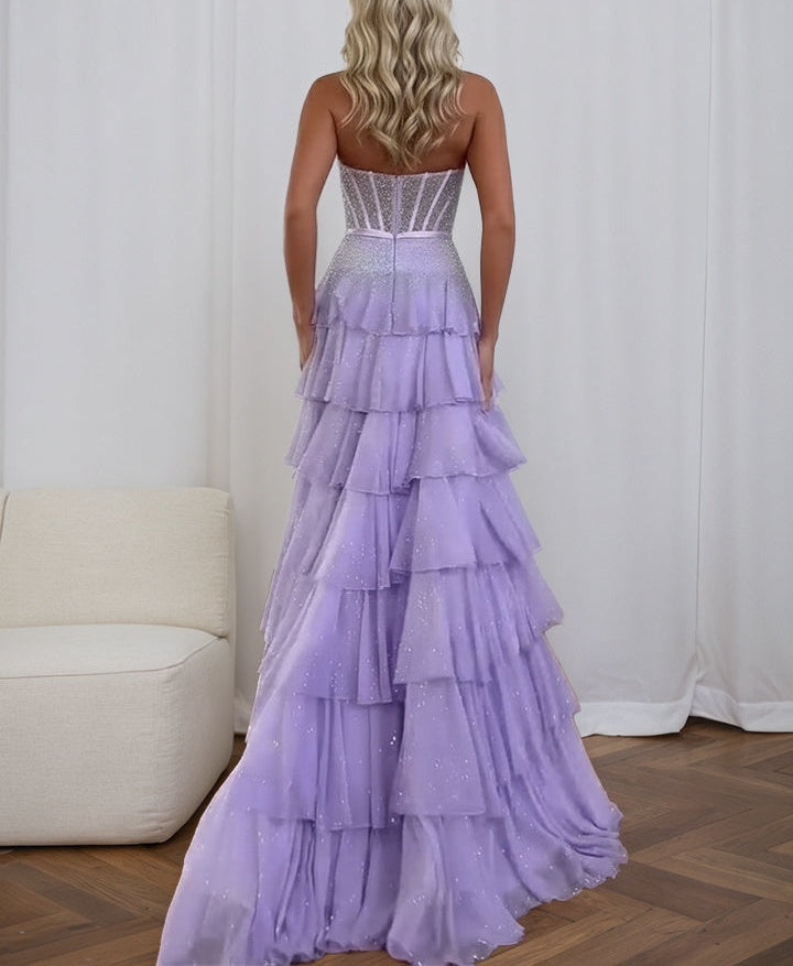 Sparkly Lilac Strapless Tiered Ruffle Corset Prom Dress with Slit